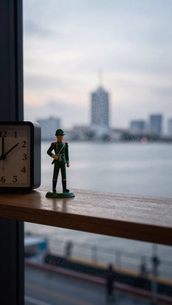 Toy Soldier on Harbor Shelf at Dawn in at a harbor edge in Makati, Manila