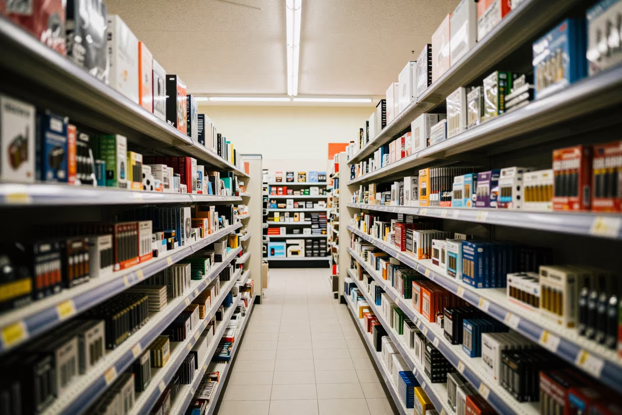 Toy Store Aisle Night Traffic Reflections Milan in inside a store aisle lined with shelf tags near Milan