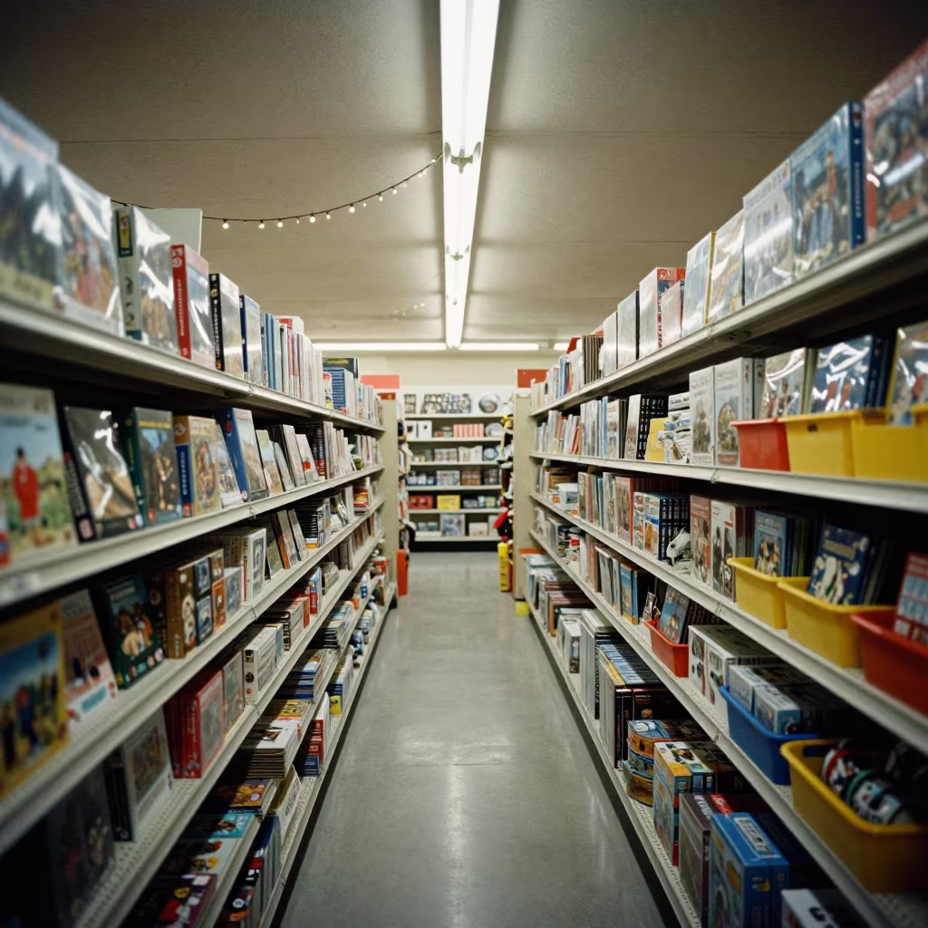 Toy Store Aisle Night Glow in Xian in along a grocery aisle under flat fluorescent light in Xian