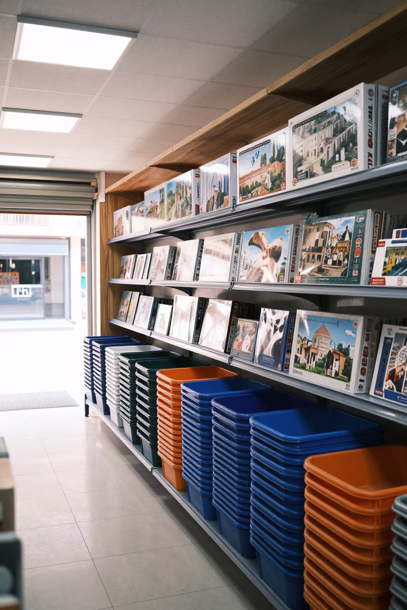 Toy Store Aisle with Puzzles and Bins in along a grocery aisle under flat fluorescent light near Marrakech