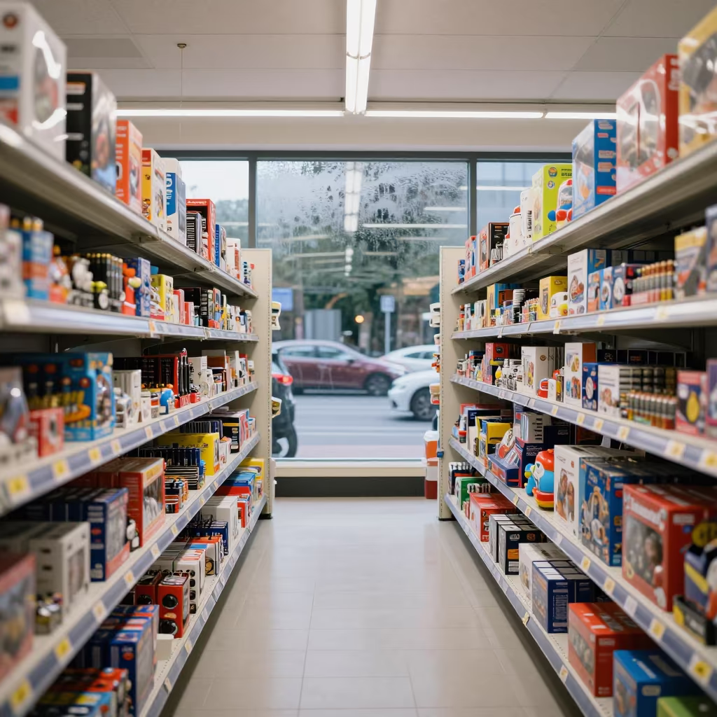 Toy Store Aisle with Traffic Reflections in Lodz in inside a bright retail aisle in Lodz