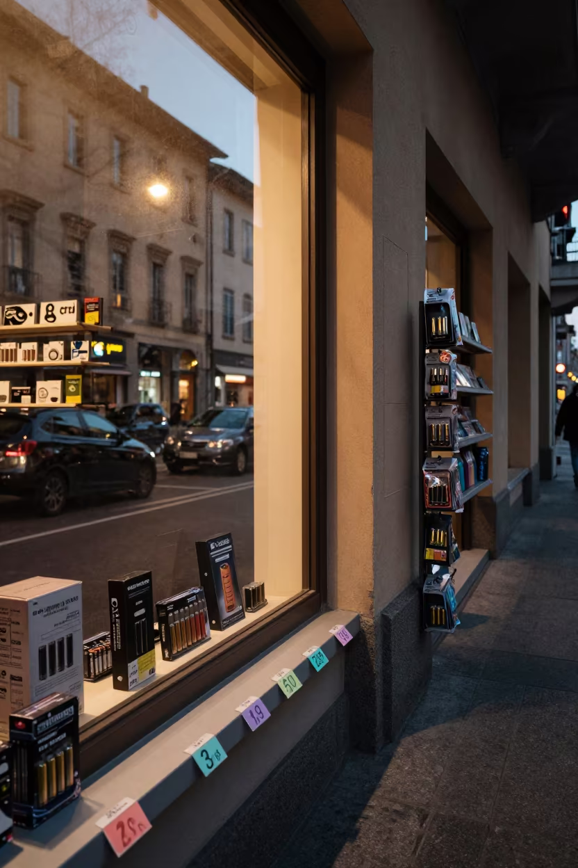 Toy Store Aisle Turin Night Reflections in inside a store aisle lined with shelf tags near Turin