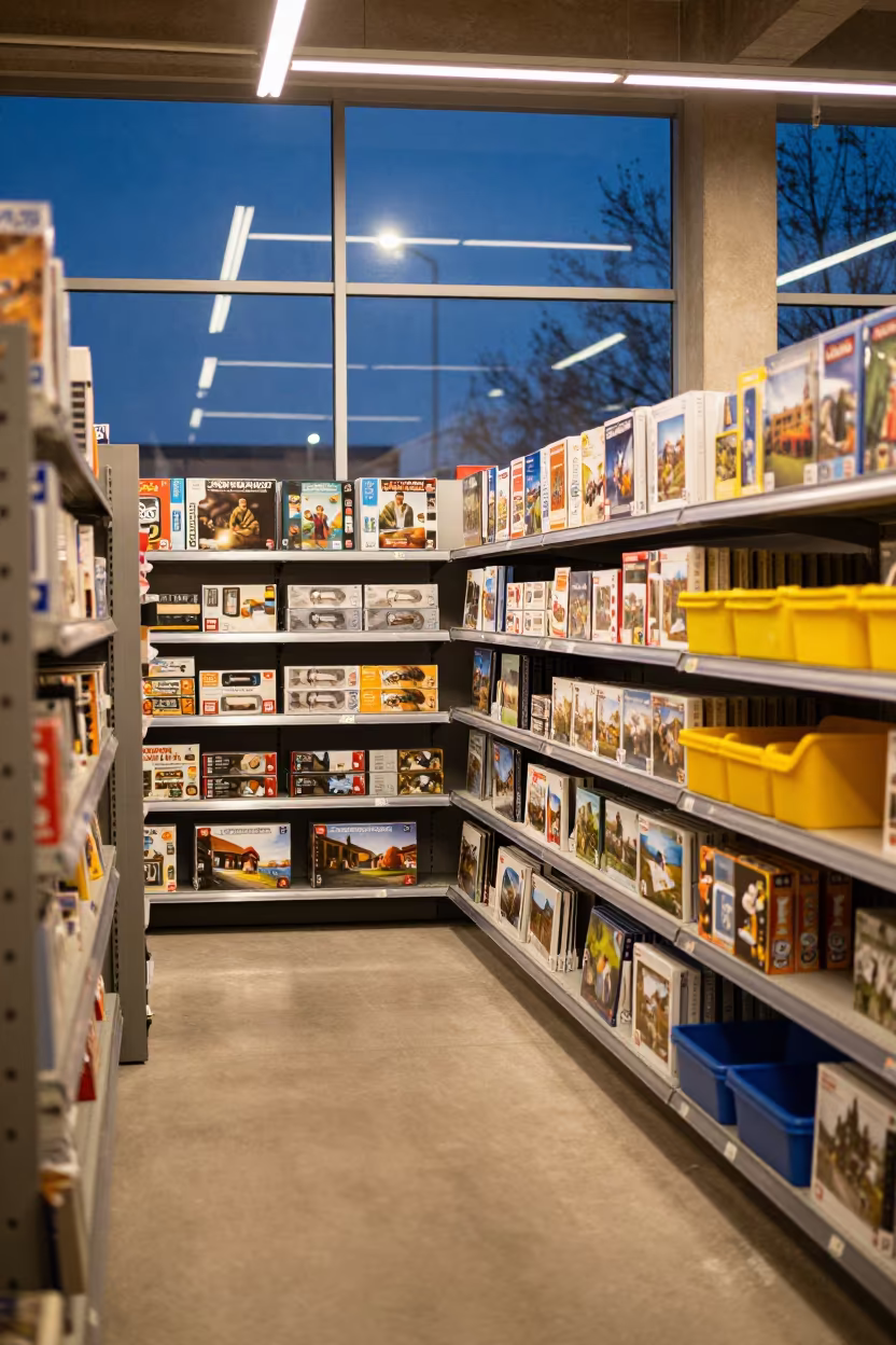 Toy Store Stockroom Aisle in Indigo Twilight in inside a stockroom behind the sales floor near Urgench