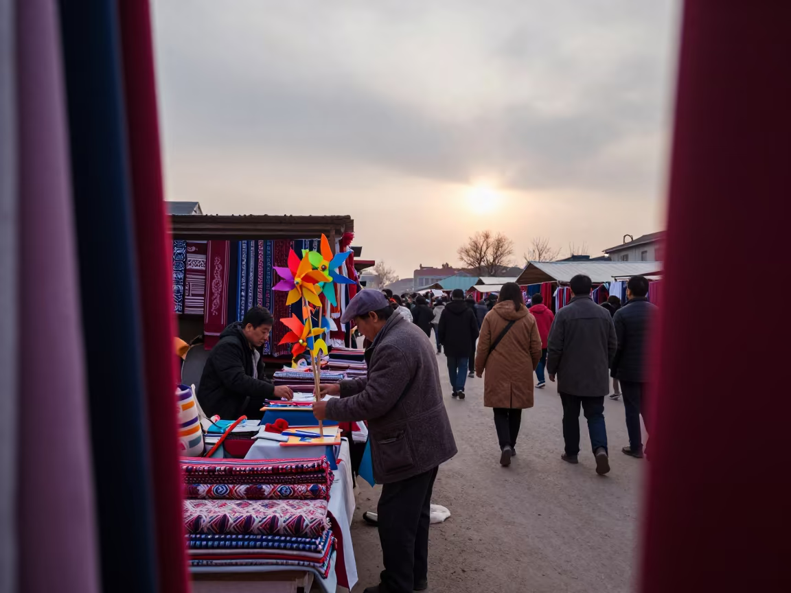 Toy Windmill Peddler Morning Market Taiyuan in at a textile trader's stall in Taiyuan