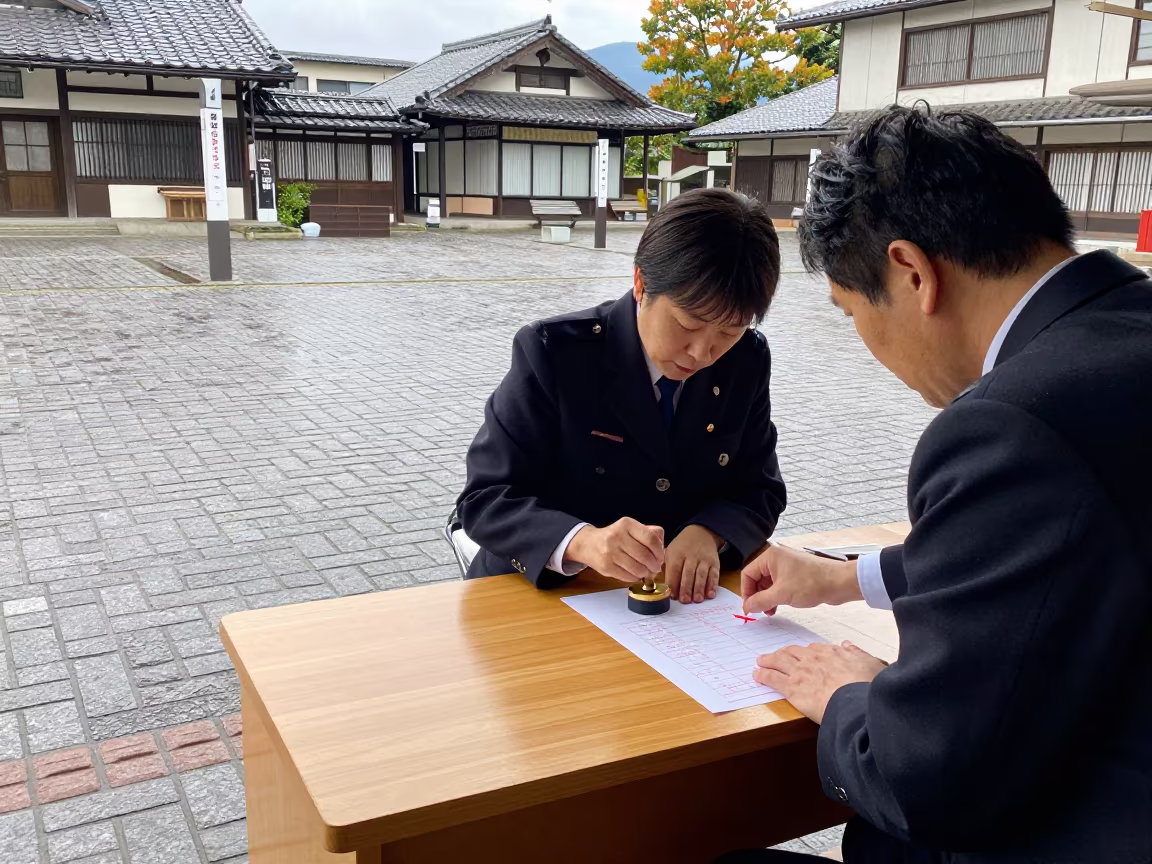 Toyama Clerk Stamping Permits in Morning Light in in a public square in Toyama