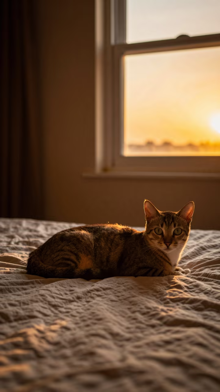 Toybob Cat in Honeyed Dar es Salaam Evening Light in on a bedspread near a bright window with calm indoor light in Dar es Salaam