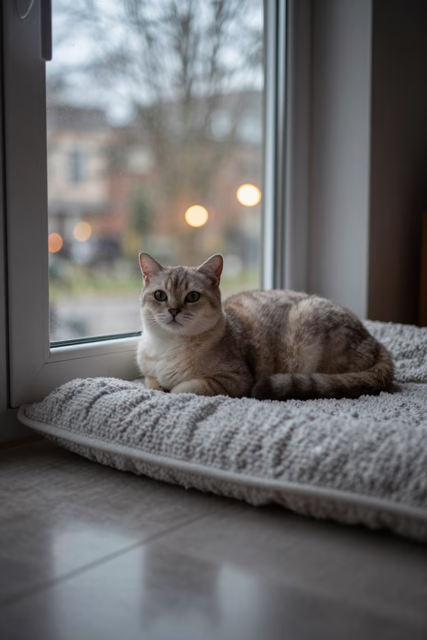 Toybob Cat Lounging on Bedspread Near Window in on a bedspread near a bright window with calm indoor light in Libertad