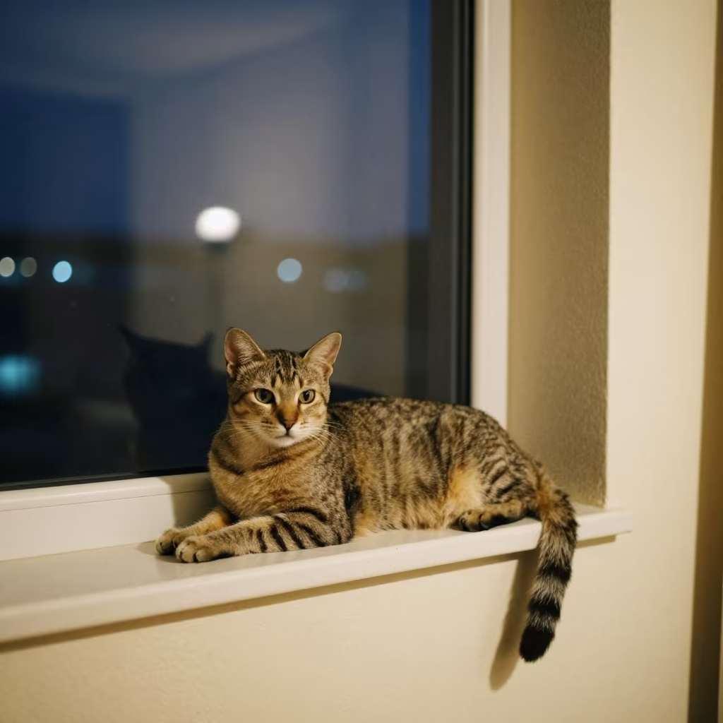 Toybob Cat Lounging on Window Seat Abuja in on a window seat in a quiet apartment with soft side light in Abuja