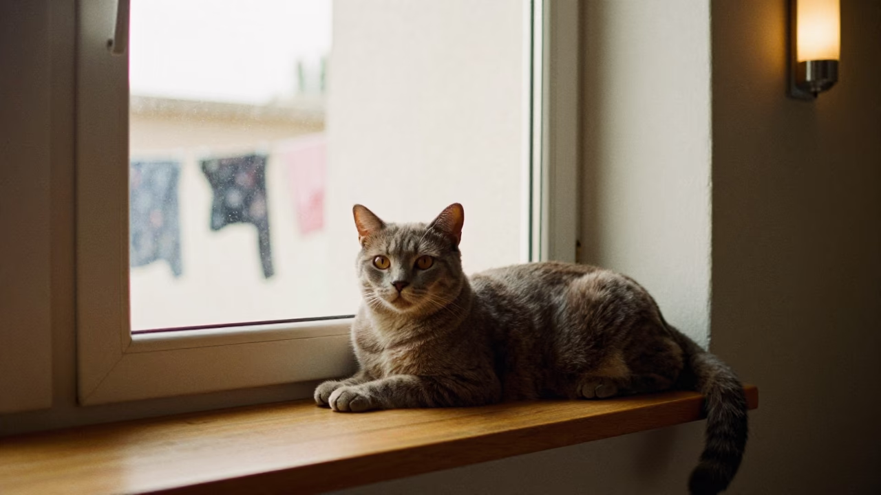 Toybob Cat Lounging on Window Seat in on a window seat in a quiet apartment with soft side light near Jizan