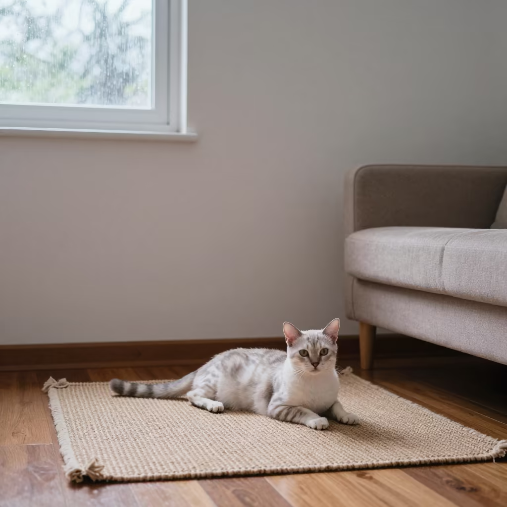 Toybob Cat Lounging on Woven Rug Near Siguiri in on a woven rug beside a low couch and an uncluttered wall near Siguiri