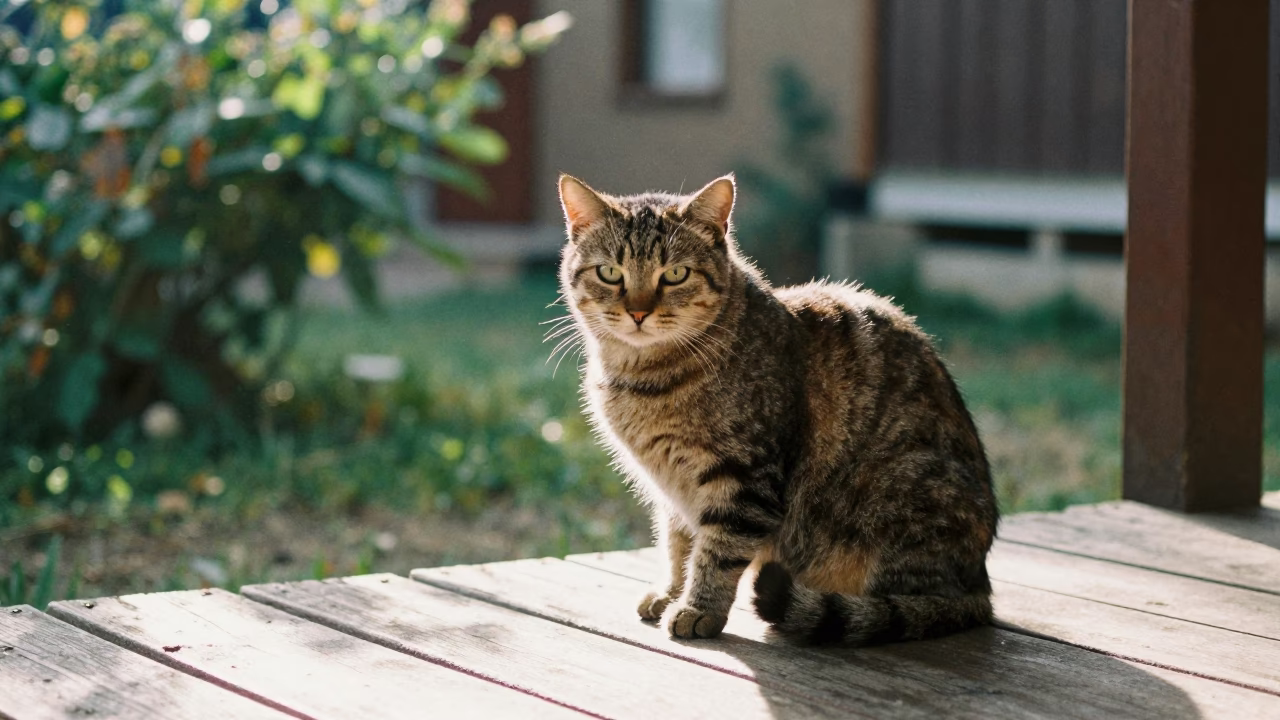 Toybob Cat on Giresun Porch Morning Light in near a garden edge with soft morning light and an uncluttered background in Giresun