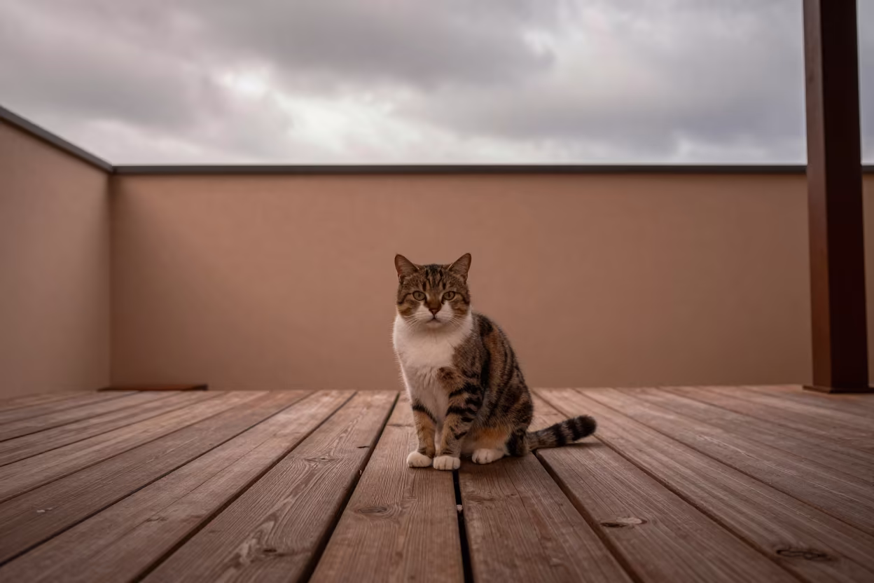 Toybob Cat on Shaded Porch in Bernal in beside a plain courtyard wall in clear daylight with the animal at eye level in Bernal