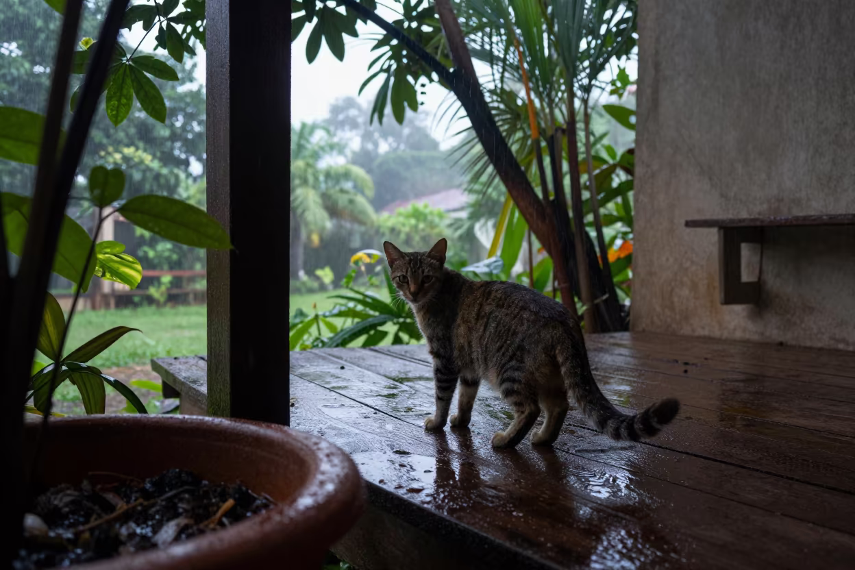 Toybob Cat on Shaded Porch in Cumaná in near a garden edge with soft morning light and an uncluttered background near Cumaná