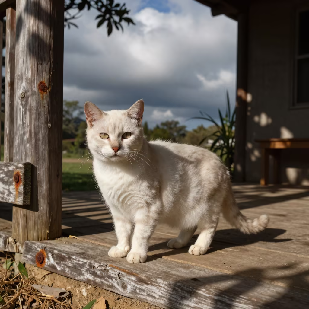 Toybob Cat on Shaded Porch in Guacara in near a garden edge with soft morning light and an uncluttered background near Guacara