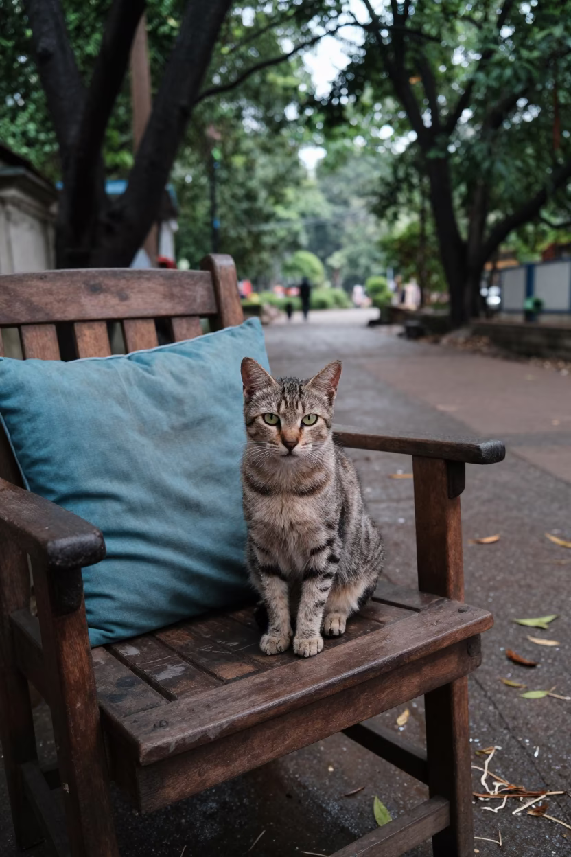 Toybob Cat on Shaded Porch in Satna in along a quiet park path with soft open shade and a clean background in Satna
