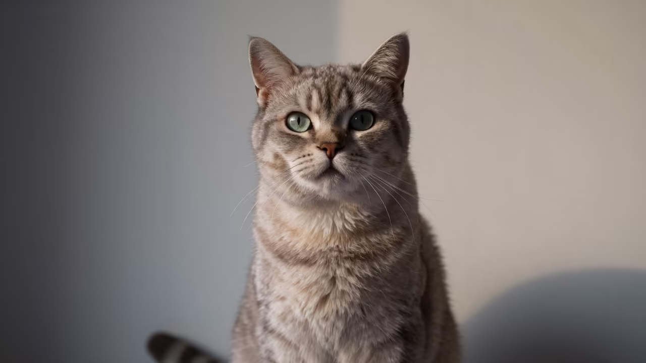 Toybob Cat Portrait by Window in Autumn in beside a plain plaster wall in soft indoor light with the animal centered in frame near San Antonio