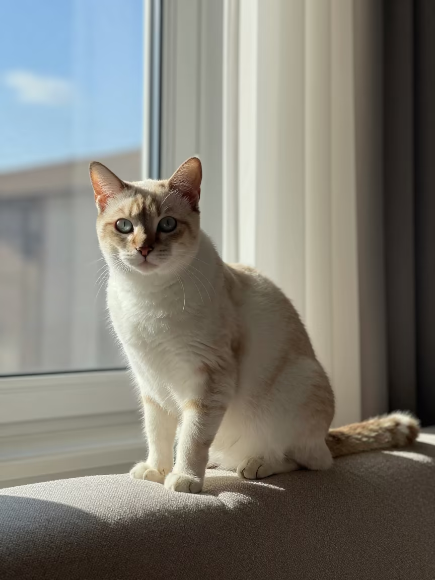 Toybob Cat Portrait Near Window in on a sofa near a curtained window with calm indoor light in Amasya