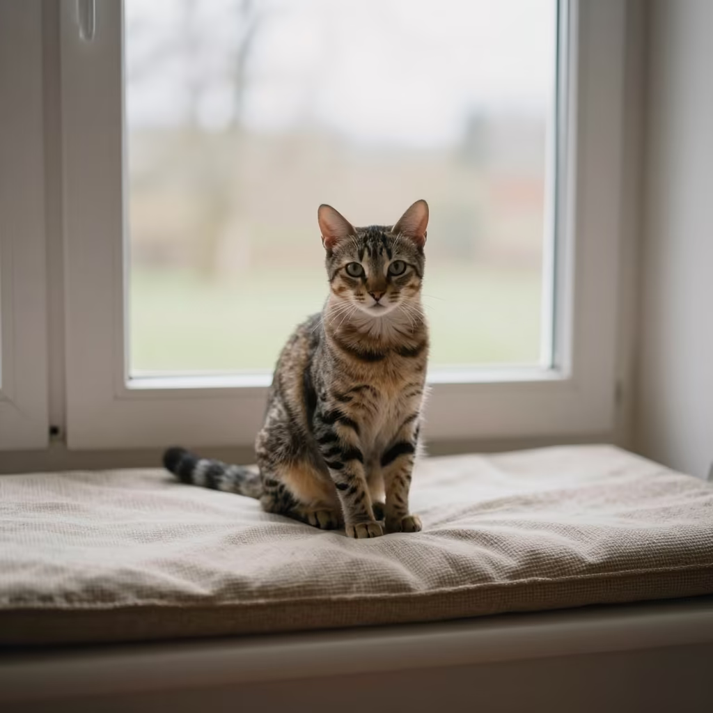 Toybob Cat Portrait on Window Seat in on a cushioned window seat with soft side light and an uncluttered background near Lakota
