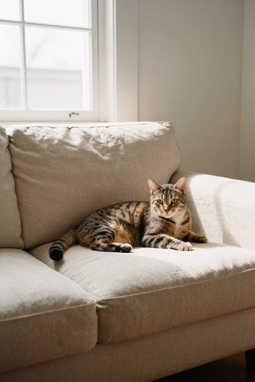 Toybob Cat with Distinct Coat Lounging on Linen Sofa in on a linen sofa with daylight from a nearby window near Bordj Bou Arreridj