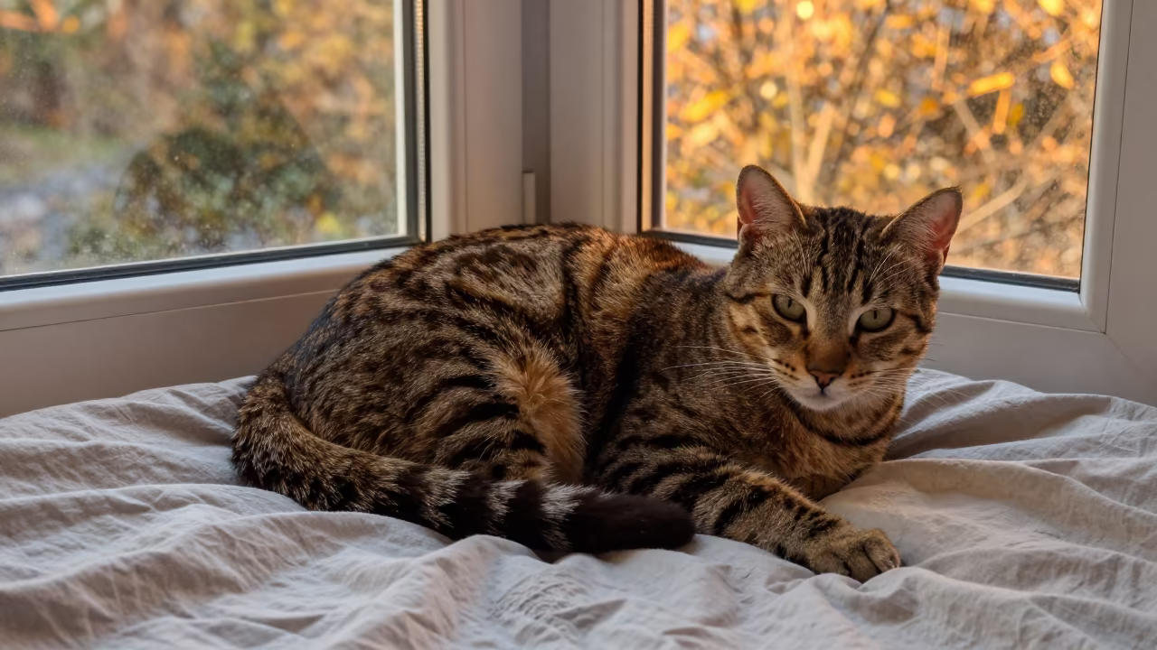 Toyger Cat in Honey Light on Bedspread in on a bedspread near a bright window with calm indoor light in Lahti