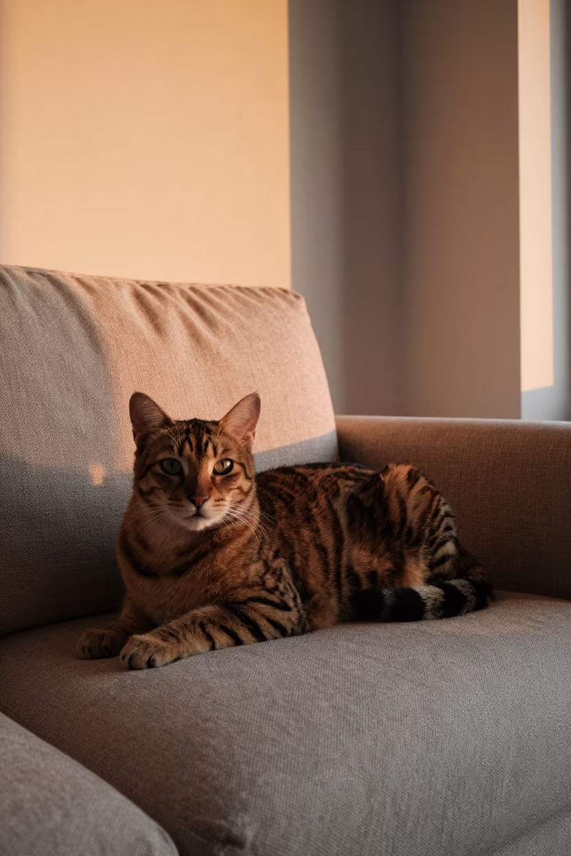 Toyger Cat Lounging in Sunlight on Linen Sofa in on a linen sofa with daylight from a nearby window in Çorum