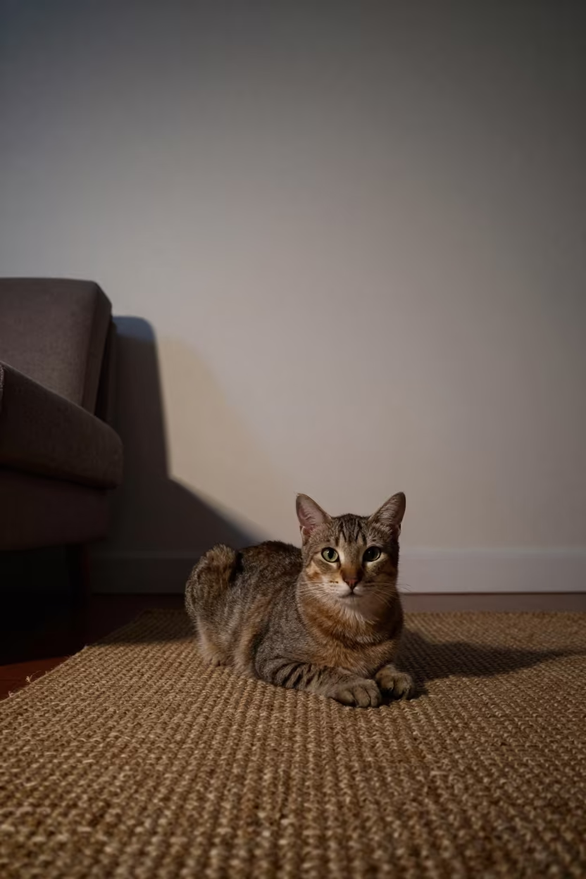 Toyger Cat Lounging on Woven Rug in Moshi Night in on a woven rug beside a low couch and an uncluttered wall in Moshi