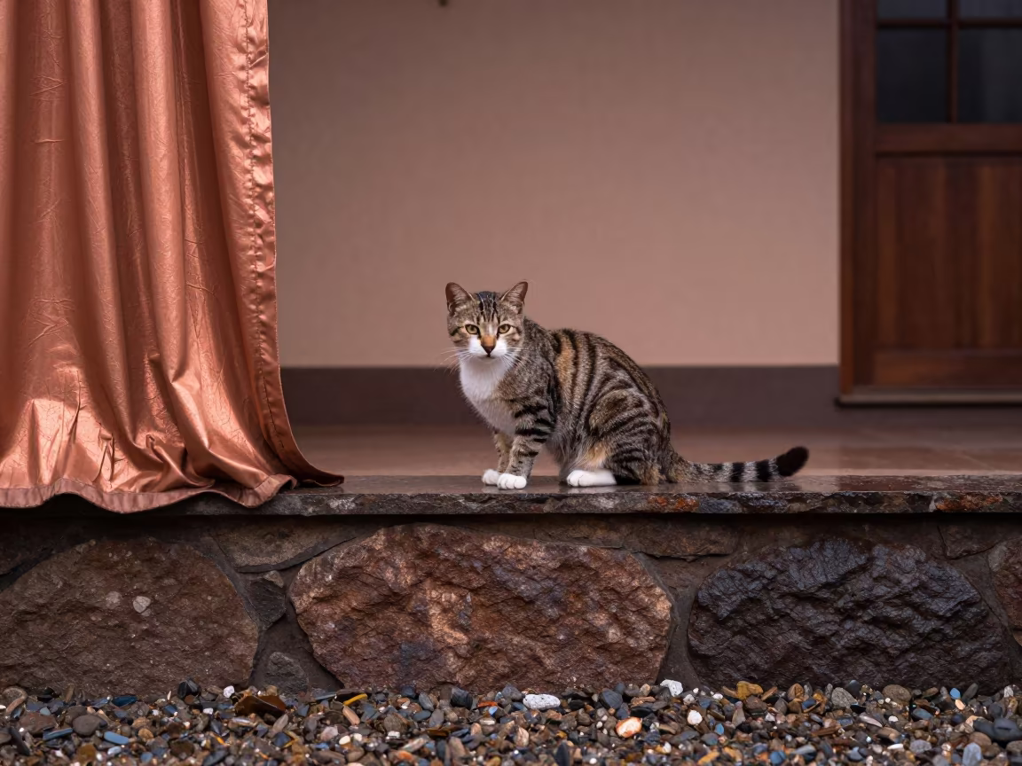 Toyger Cat on Wall in Mwanza Courtyard in along a quiet park path with soft open shade and a clean background near Mwanza