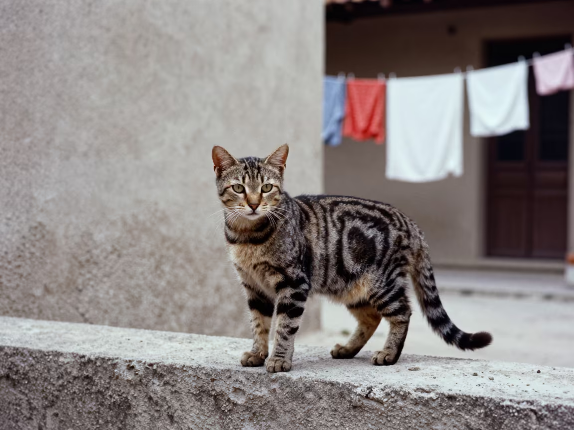 Toyger Cat on Wall in San-Pédro Courtyard in along a quiet park path with soft open shade and a clean background in San-Pédro