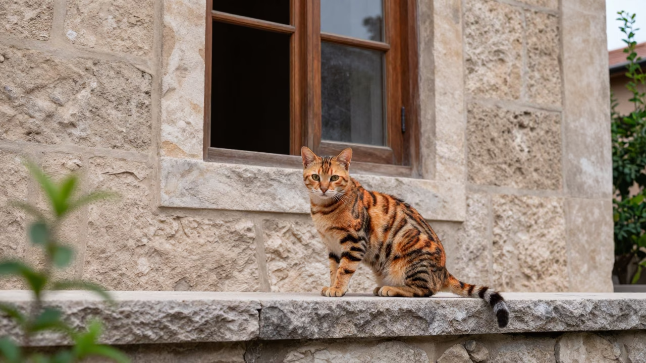 Toyger Cat Perched on Diyarbakır Courtyard Wall in near a garden edge with soft morning light and an uncluttered background in Diyarbakır
