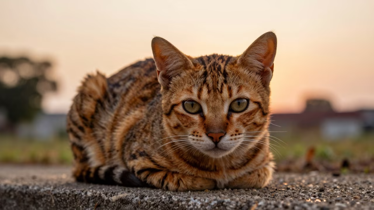 Toyger Cat Portrait Amber Light Port Harcourt in near a garden edge with soft morning light and an uncluttered background near Port Harcourt