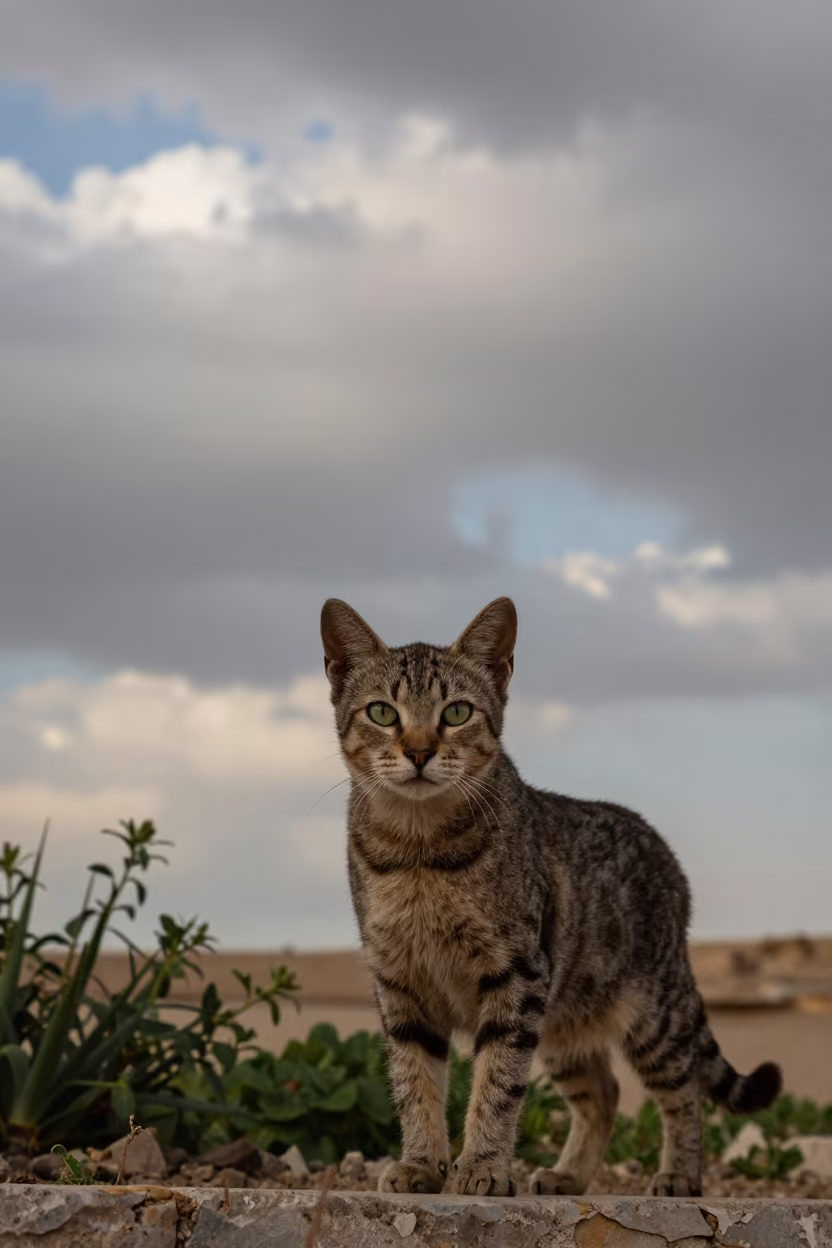 Toyger Cat Portrait at Sunset in Ismailia Garden in near a garden edge with soft morning light and an uncluttered background in Ismailia