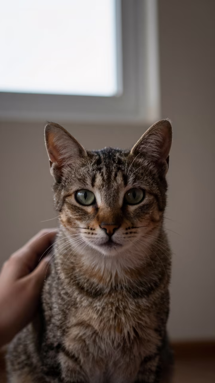 Toyger Cat Portrait Beside Plaster Wall in Oruro in beside a plain plaster wall in soft indoor light with the animal centered in frame in Oruro