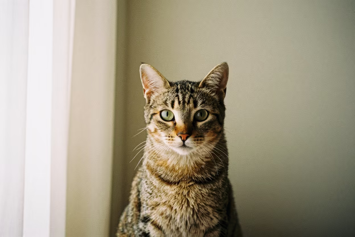 Toyger Cat Portrait Beside Plaster Wall in beside a plain plaster wall in soft indoor light with the animal centered in frame in Rotterdam