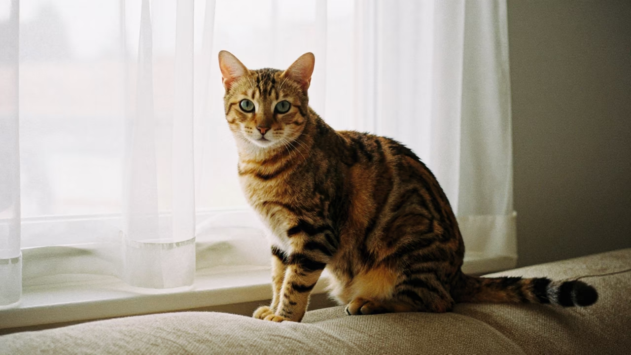 Toyger Cat Portrait Near Curtained Window in on a sofa near a curtained window with calm indoor light in Edmonton