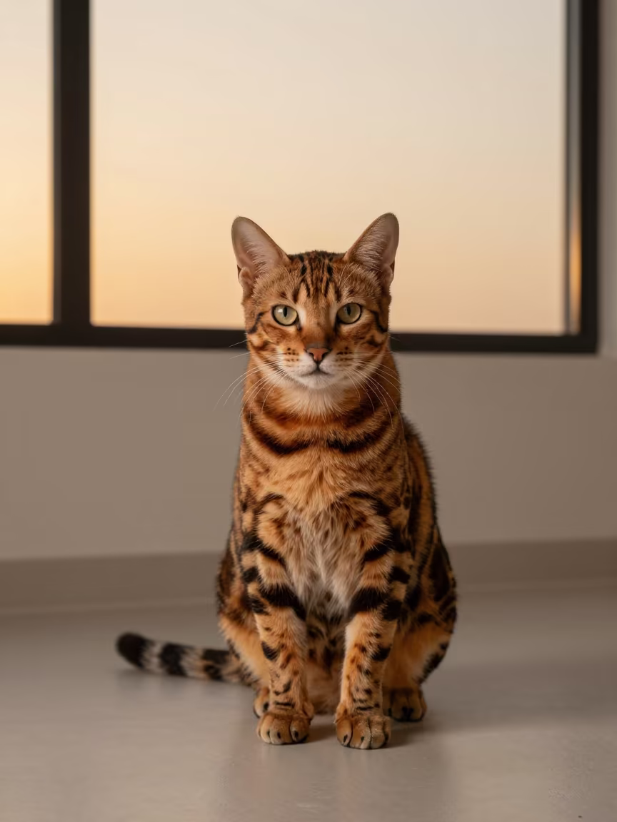 Toyger Portrait in Honey Sunset Studio Light in in a quiet portrait studio with a plain backdrop and eye-level framing in Dubai