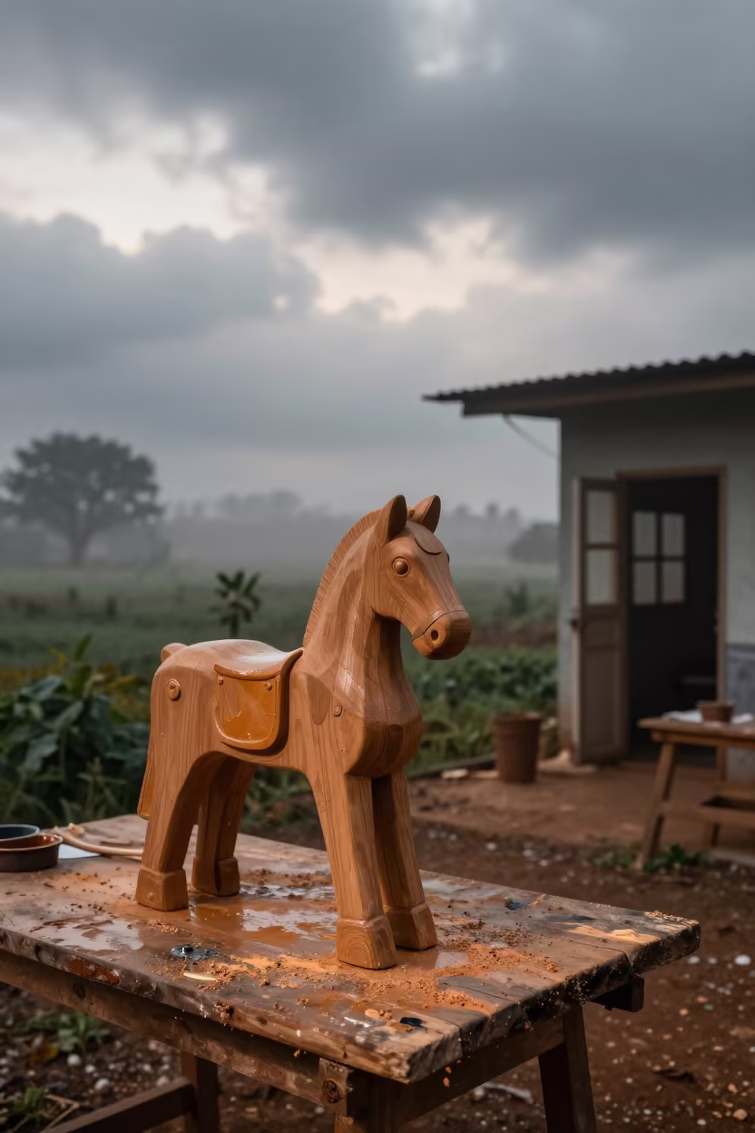 Toymaker Painting Wooden Horse Dawn Light in near Ado Ekiti