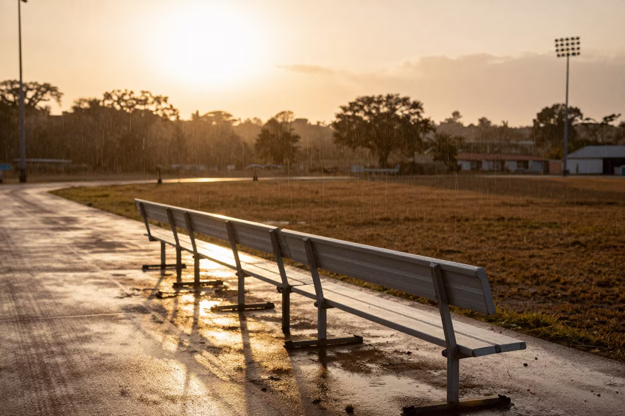 Track Spikes on Damp Bench at Golden Hour in near open fields near Kitwe