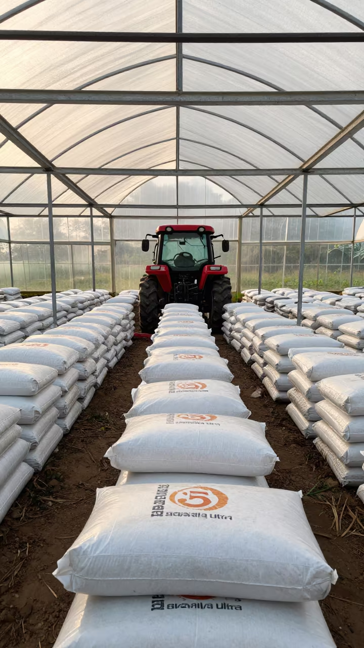 Tractor Beside Seed Bags in Bago Greenhouse in inside a humid greenhouse aisle in Bago