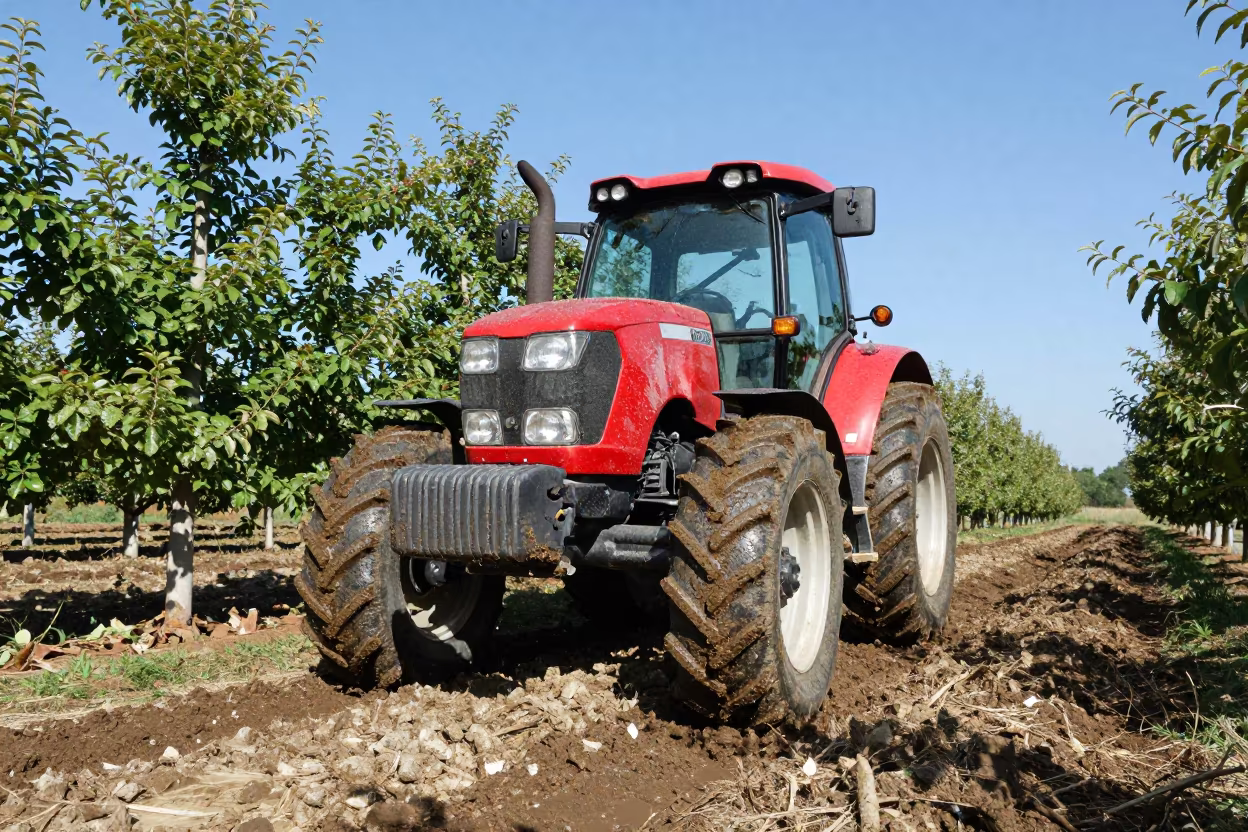 Tractor in Brahmanbaria Apple Orchard After Rain in along freshly irrigated rows near Brahmanbaria
