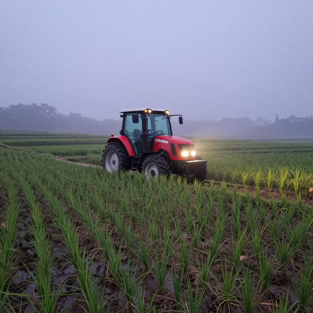 Tractor Cab Dawn Light Terraced Paddies Singapore in among terraced rice paddies in Singapore