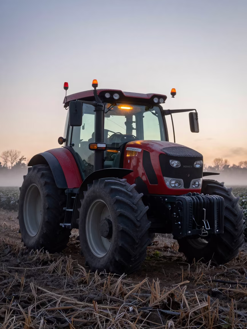 Tractor Cab Glowing at Winter Dawn in Wisconsin in at the edge of a tea plantation in Wisconsin