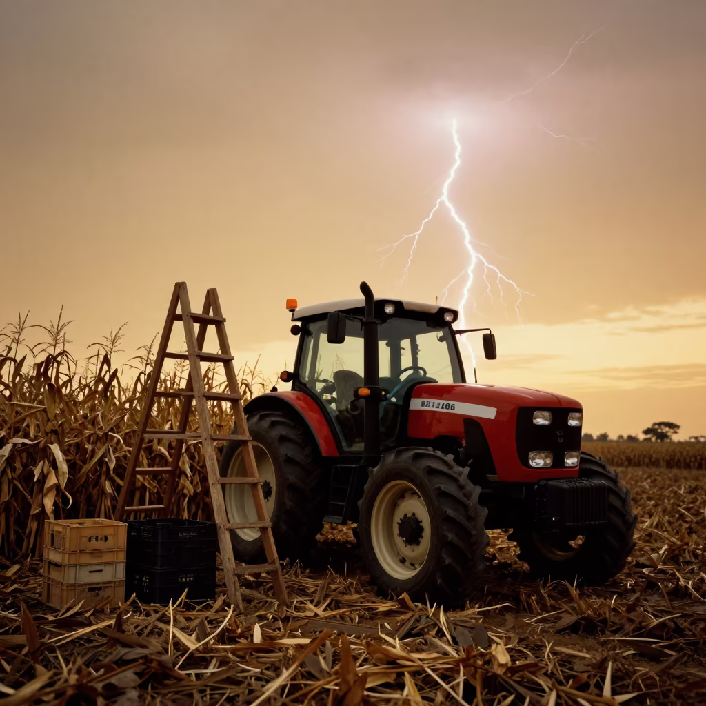 Tractor at Cornfield Edge With Frozen Lightning in among orchard ladders and crates near Lima