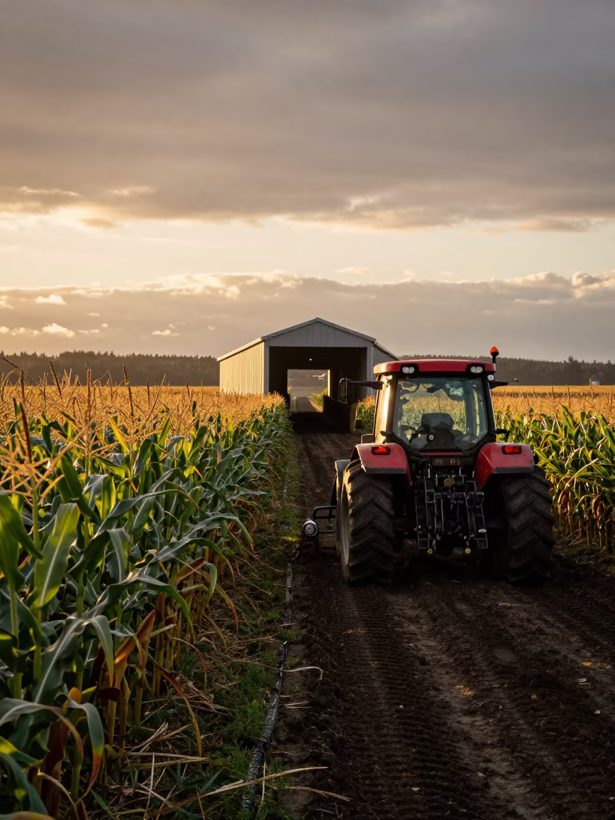 Tractor at Cornfield Edge Under Golden Sunset in beside a tractor track through dark soil near Seattle