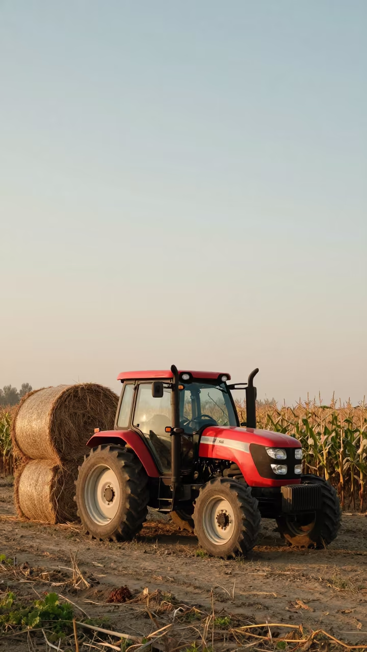 Tractor at Cornfield Edge Srinagar Sunset in beside stacked hay bales in Srinagar