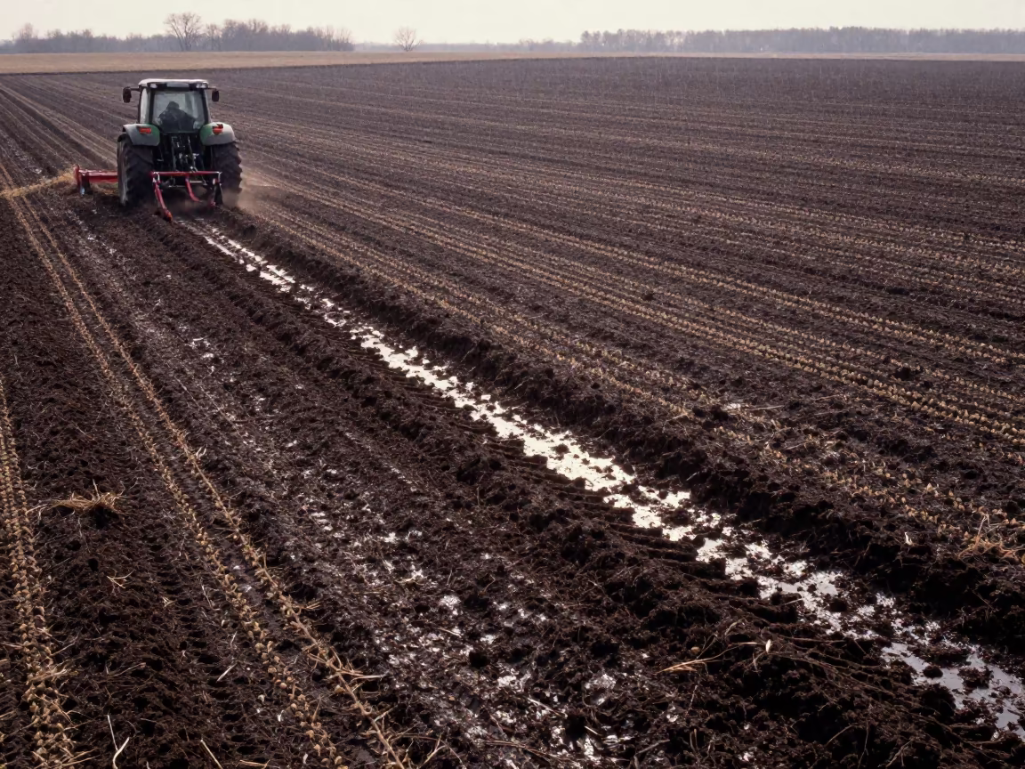 Tractor Curved Tracks Seeded Field Saskatchewan in beside a tractor track through dark soil in Saskatchewan