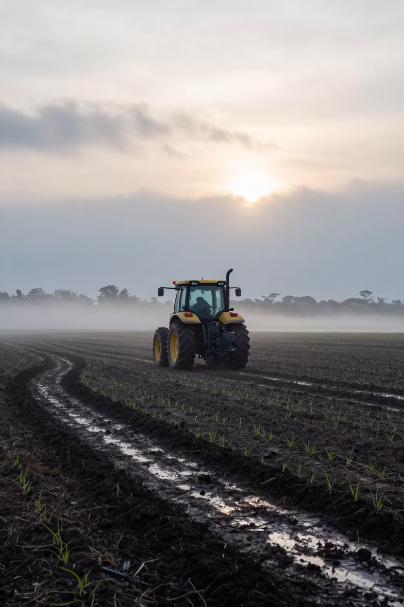 Tractor Curves Across Wet Seeded Rows at Dawn in along freshly irrigated rows in Libreville