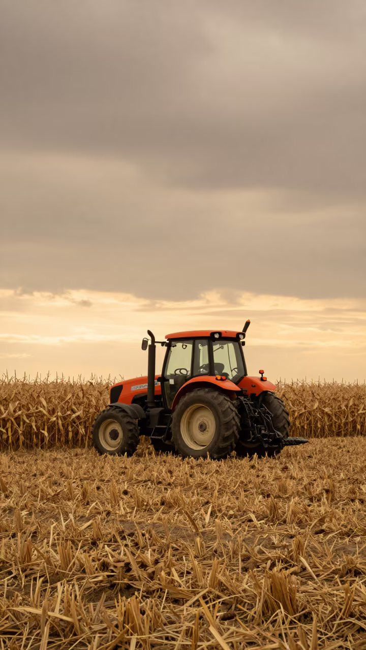 Tractor at Harvested Cornfield Edge in across a harvested grain field in Nebraska