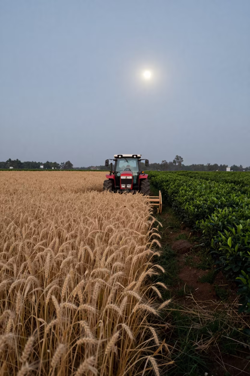 Tractor Harvesting Wheat at Dawn in at the edge of a tea plantation in Yaounde