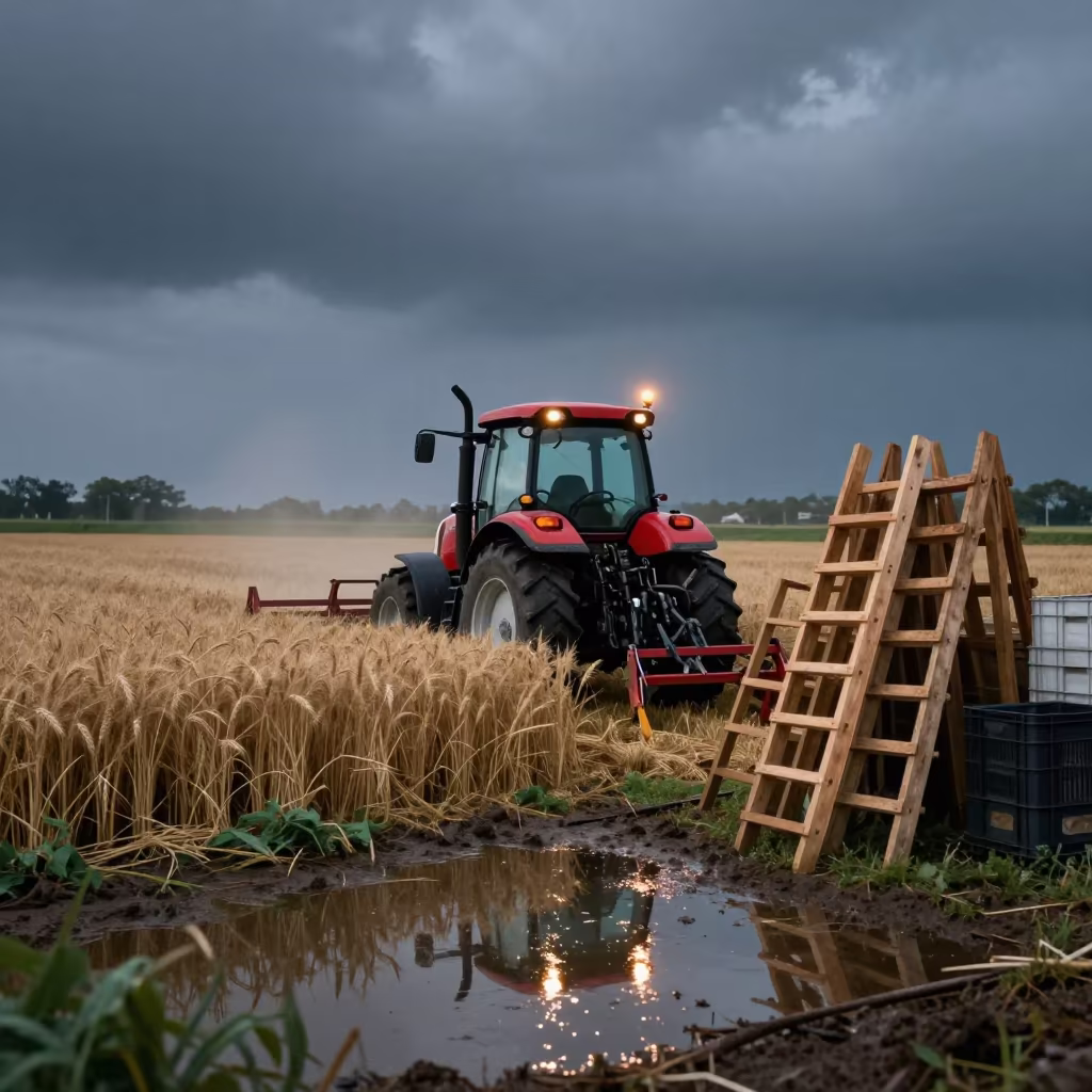 Tractor Harvesting Wheat Near Orchard Crates in among orchard ladders and crates in Manila