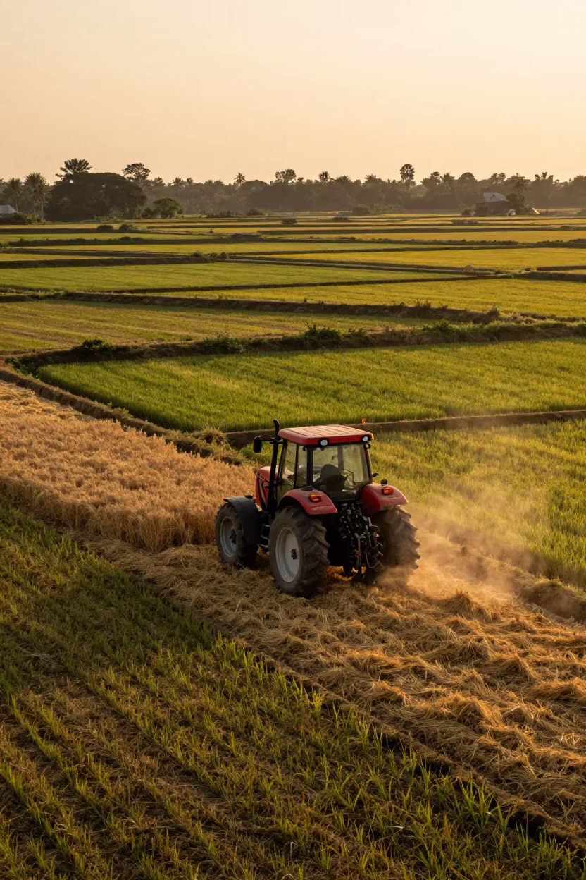 Tractor Harvesting Wheat Over Rice Terraces in among terraced rice paddies in Ikeja